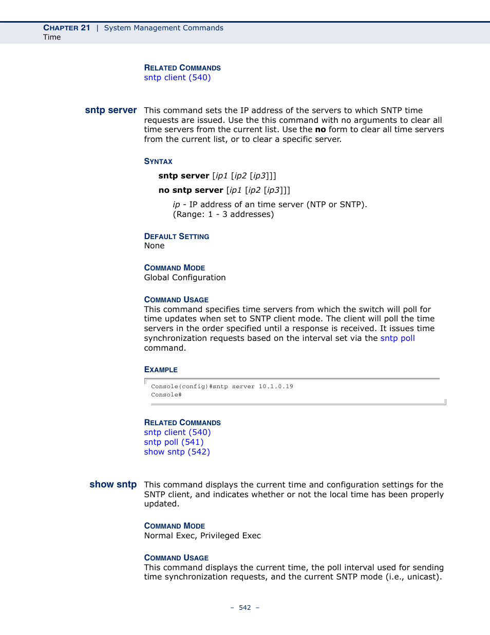 Sntp server, Show sntp, Sntp server (542) | Show sntp (542) | Microsens MS453490M Management Guide User Manual | Page 542 / 984
