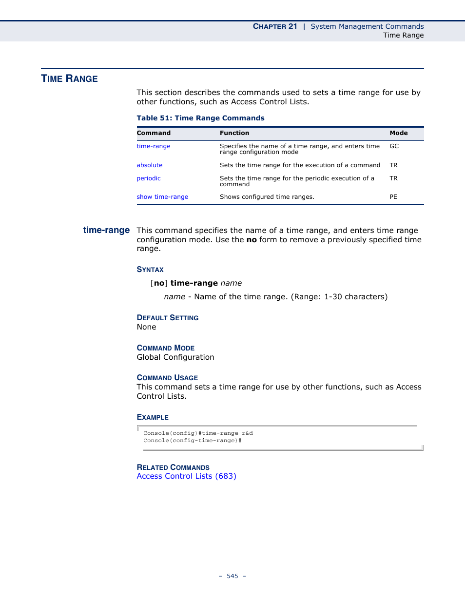 Time range, Time-range 545, Table 51: time range commands | Time-range | Microsens MS453490M Management Guide User Manual | Page 545 / 984