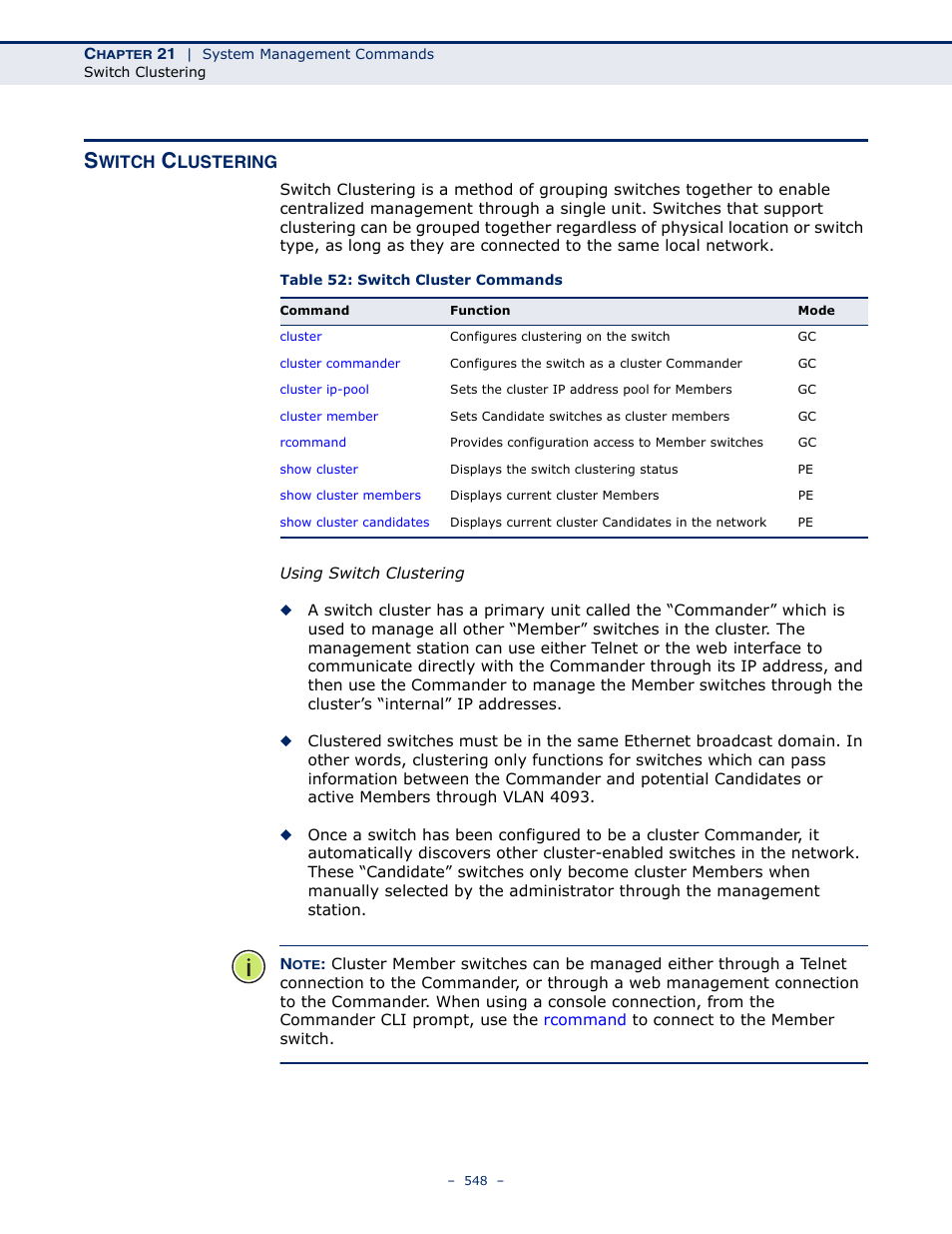 Switch clustering, Table 52: switch cluster commands | Microsens MS453490M Management Guide User Manual | Page 548 / 984