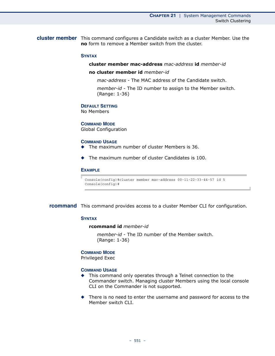 Cluster member, Rcommand 551, Rcommand | Microsens MS453490M Management Guide User Manual | Page 551 / 984