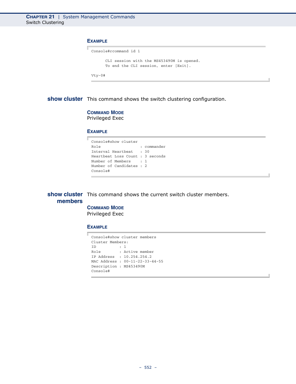 Show cluster, Show cluster members | Microsens MS453490M Management Guide User Manual | Page 552 / 984