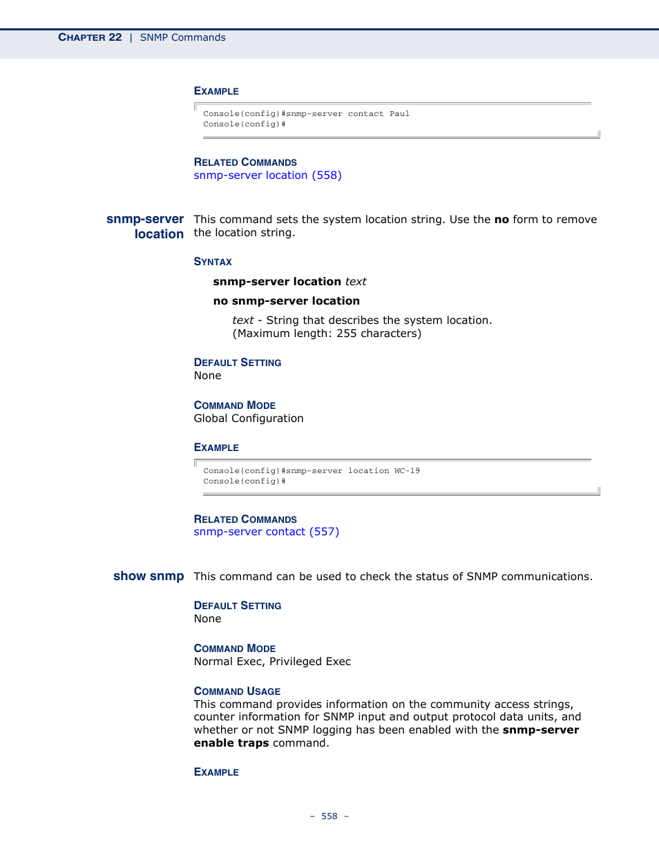 Snmp-server location, Show snmp | Microsens MS453490M Management Guide User Manual | Page 558 / 984