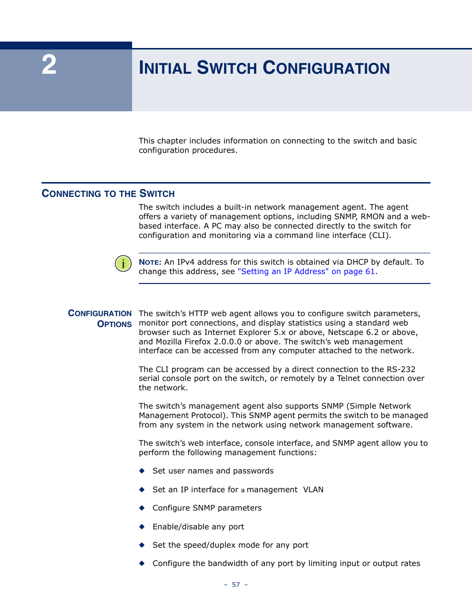 Initial switch configuration, Connecting to the switch, Configuration options | Nitial, Witch, Onfiguration | Microsens MS453490M Management Guide User Manual | Page 57 / 984