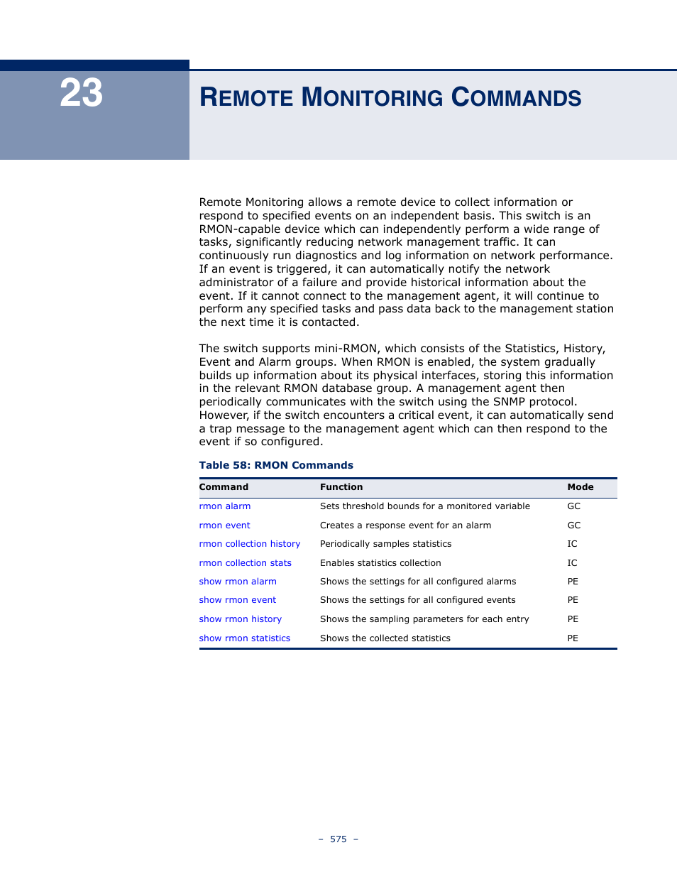 Remote monitoring commands, 23 r, Emote | Onitoring, Ommands, Table 58: rmon commands | Microsens MS453490M Management Guide User Manual | Page 575 / 984