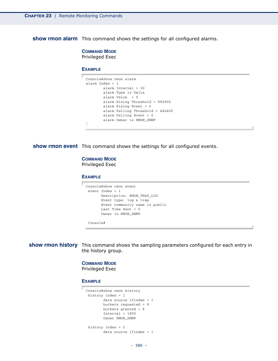 Show rmon alarm, Show rmon event, Show rmon history | Microsens MS453490M Management Guide User Manual | Page 580 / 984