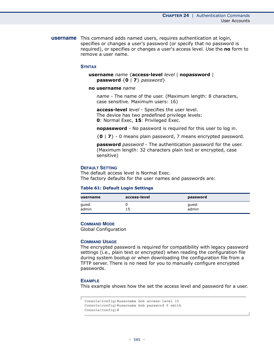 Username 585, Table 61: default login settings, Username | Username (585) | Microsens MS453490M Management Guide User Manual | Page 585 / 984