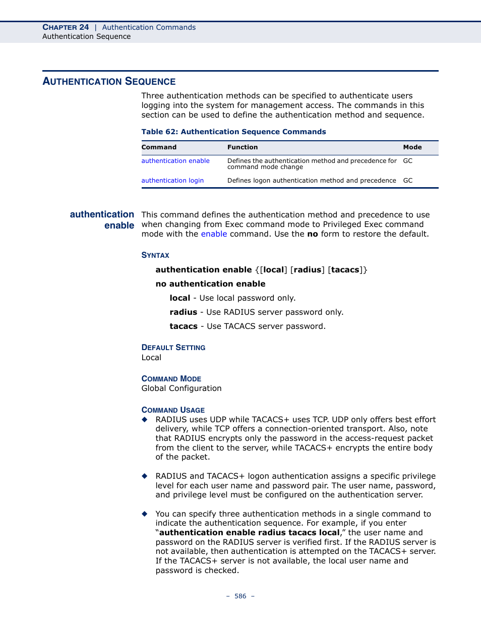 Authentication sequence, Authentication enable, Table 62: authentication sequence commands | Authentication enable (586) | Microsens MS453490M Management Guide User Manual | Page 586 / 984