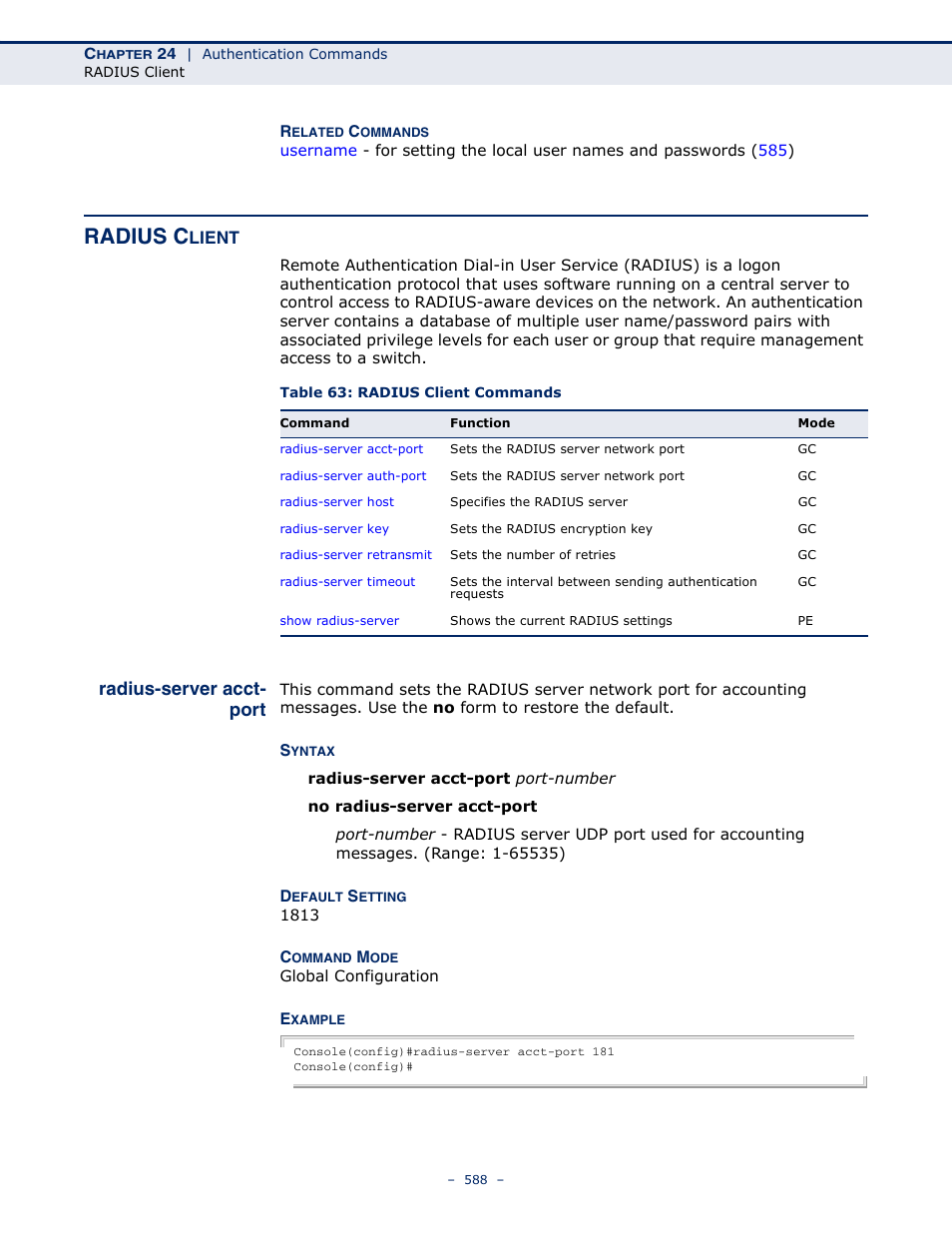 Radius client, Radius-server acct-port, Table 63: radius client commands | Radius c, Radius-server acct- port | Microsens MS453490M Management Guide User Manual | Page 588 / 984