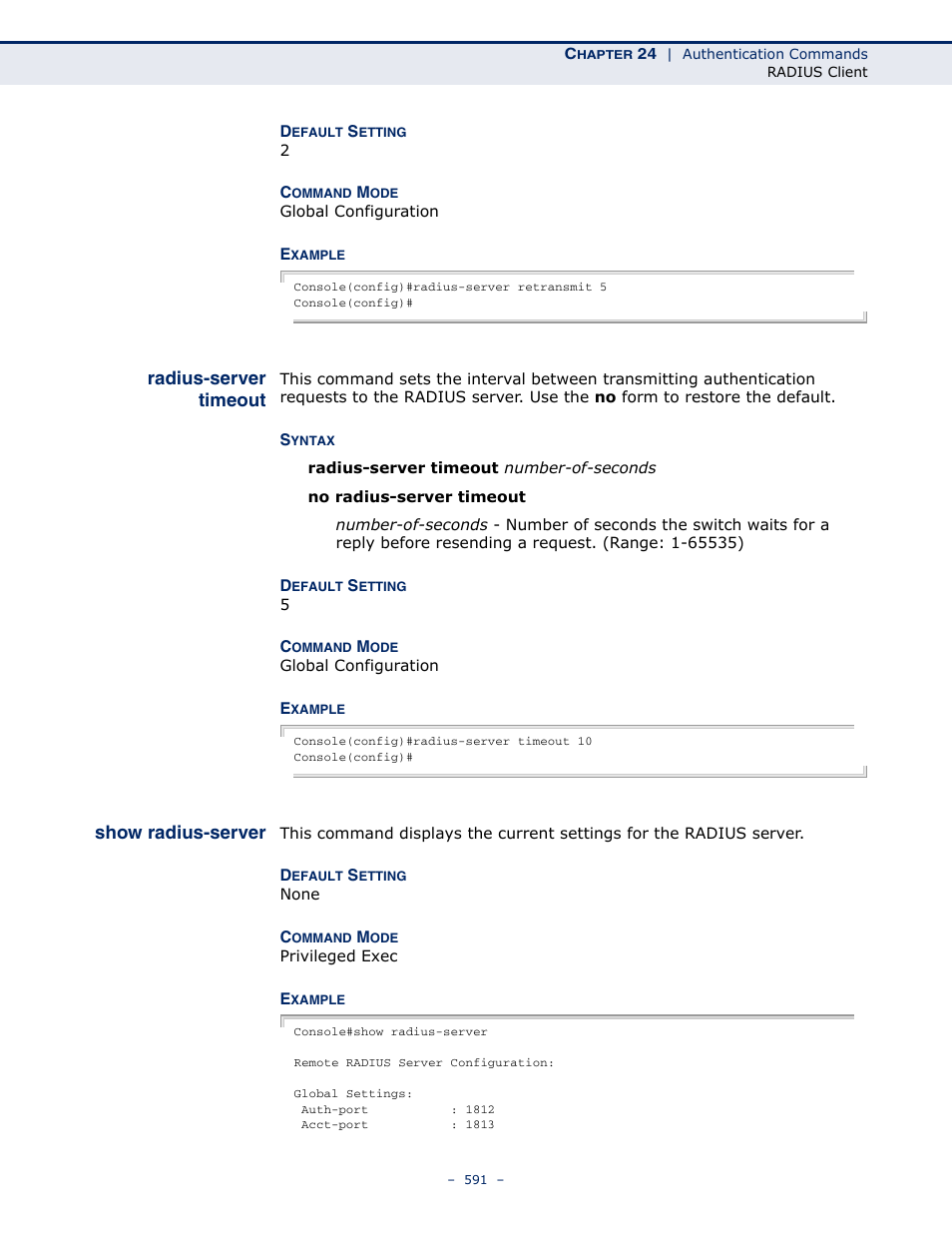 Radius-server timeout, Show radius-server | Microsens MS453490M Management Guide User Manual | Page 591 / 984