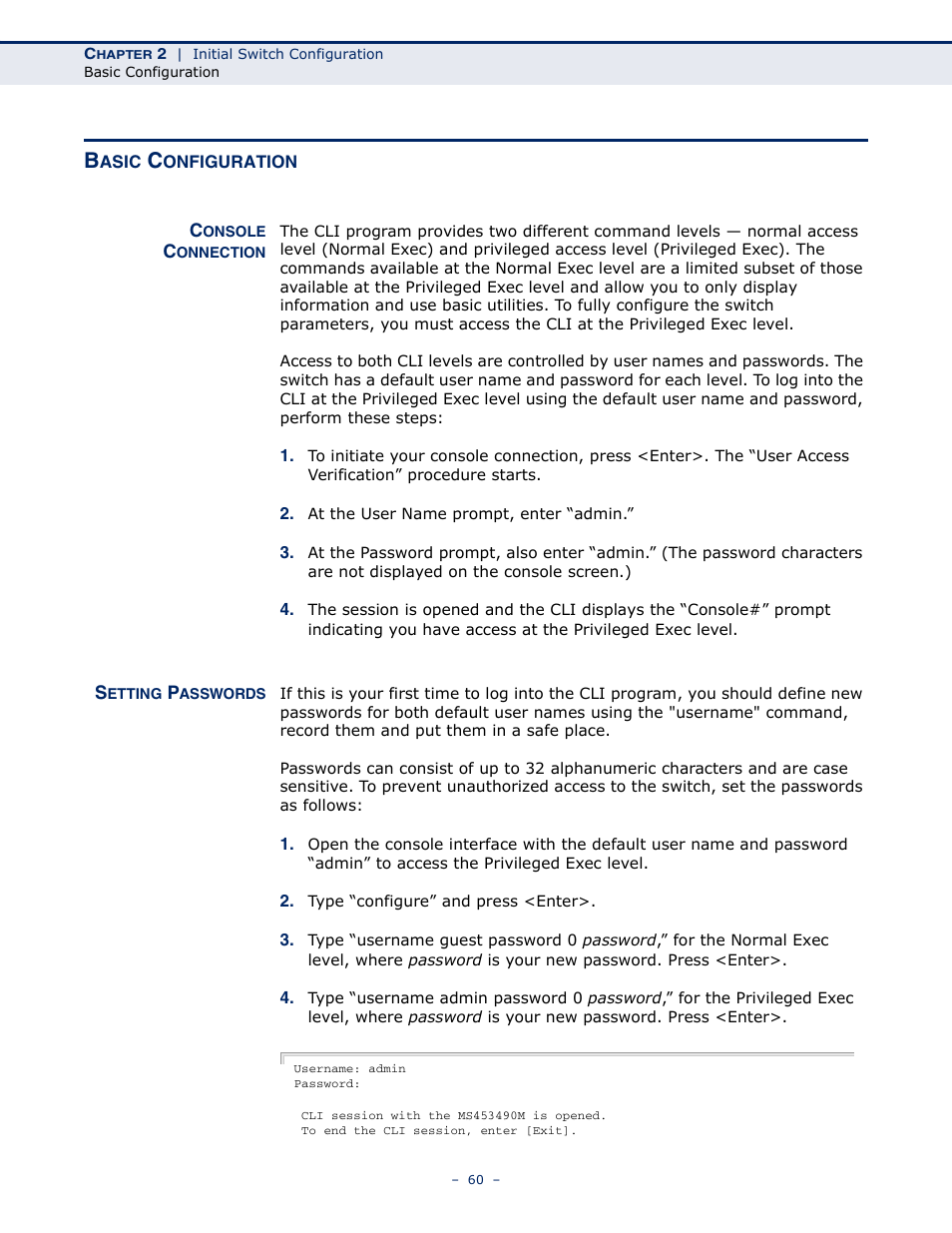 Basic configuration, Console connection, Setting passwords | Microsens MS453490M Management Guide User Manual | Page 60 / 984