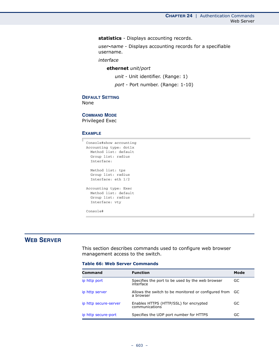 Web server, Table 66: web server commands, Erver | Microsens MS453490M Management Guide User Manual | Page 603 / 984