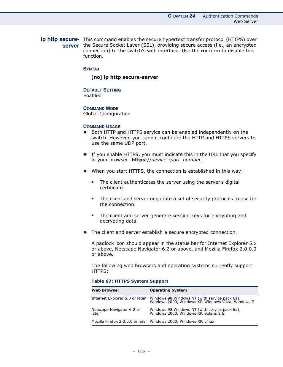 Ip http secure-server, Table 67: https system support, Http secure-server | Microsens MS453490M Management Guide User Manual | Page 605 / 984