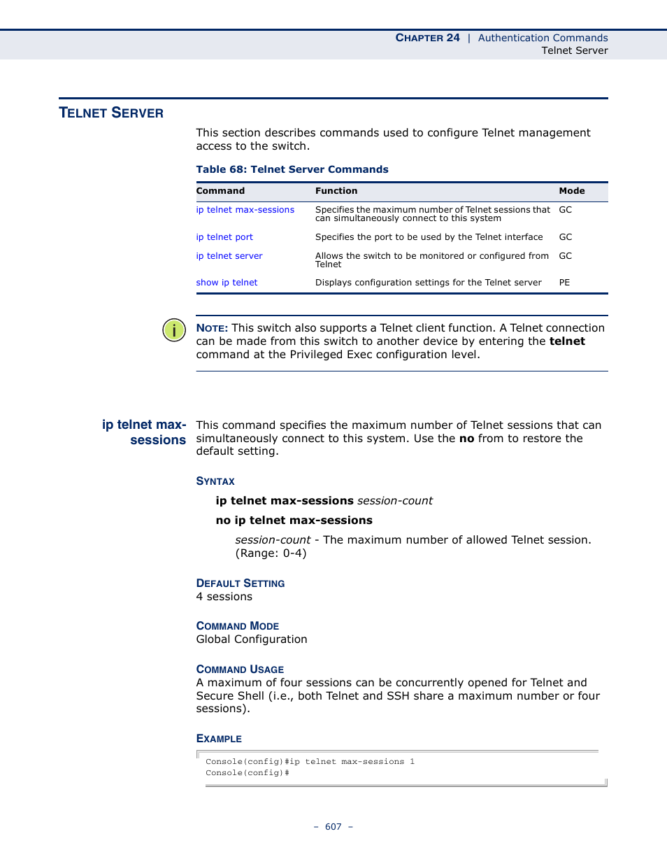 Telnet server, Ip telnet max-sessions, Table 68: telnet server commands | Ip telnet max- sessions | Microsens MS453490M Management Guide User Manual | Page 607 / 984