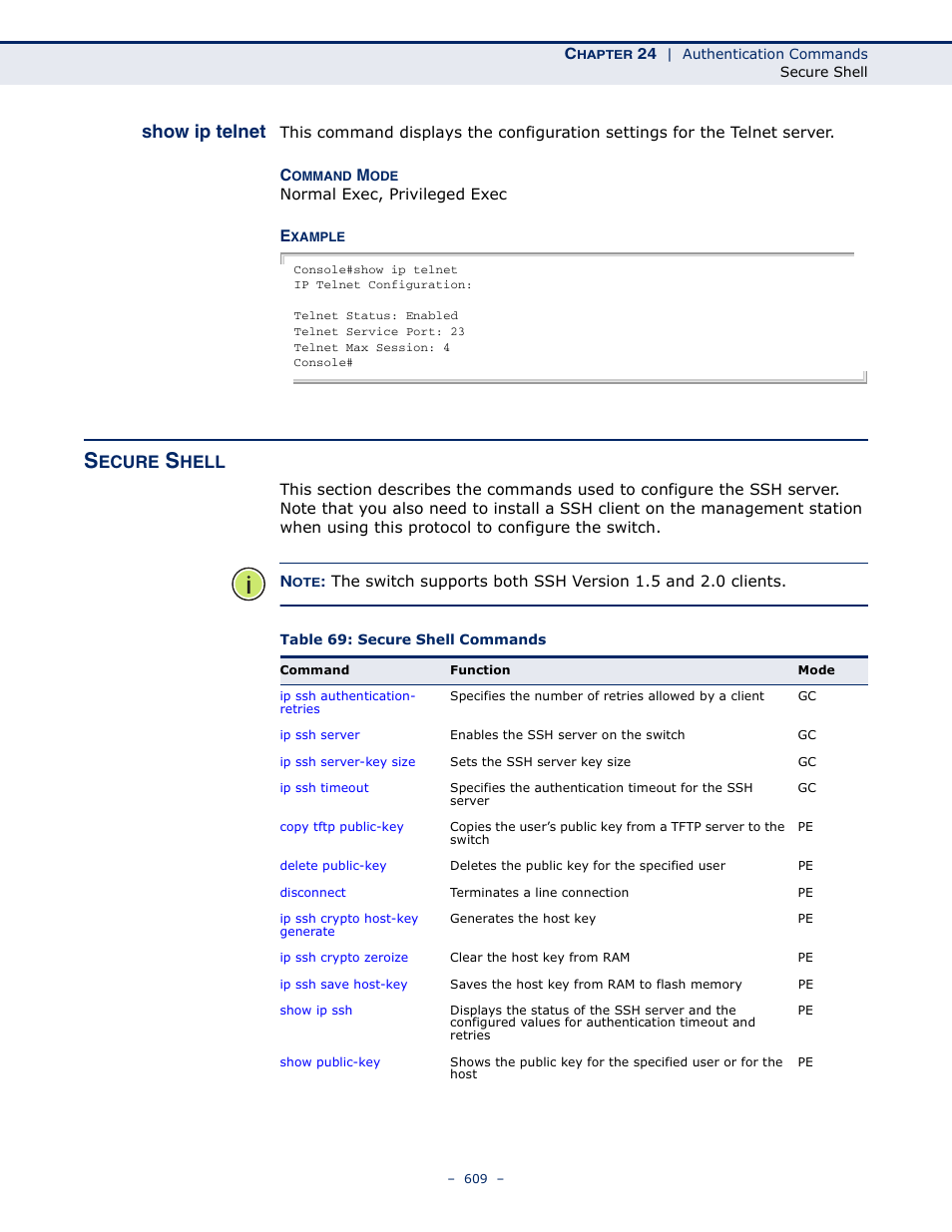 Secure shell, Show ip telnet, Table 69: secure shell commands | Ecure, Hell | Microsens MS453490M Management Guide User Manual | Page 609 / 984