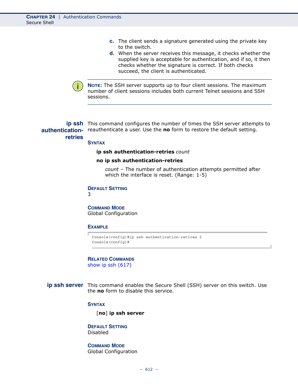 Ip ssh authentication-retries, Ip ssh server, Ip ssh authentication | Retries | Microsens MS453490M Management Guide User Manual | Page 612 / 984