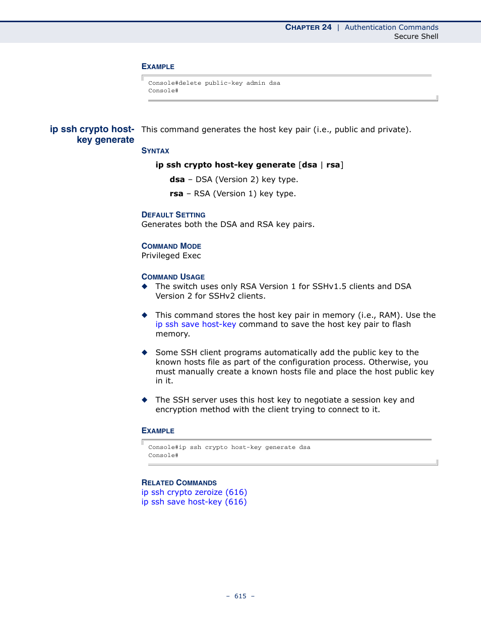 Ip ssh crypto host-key generate, Ip ssh crypto host-key, Generate | Microsens MS453490M Management Guide User Manual | Page 615 / 984