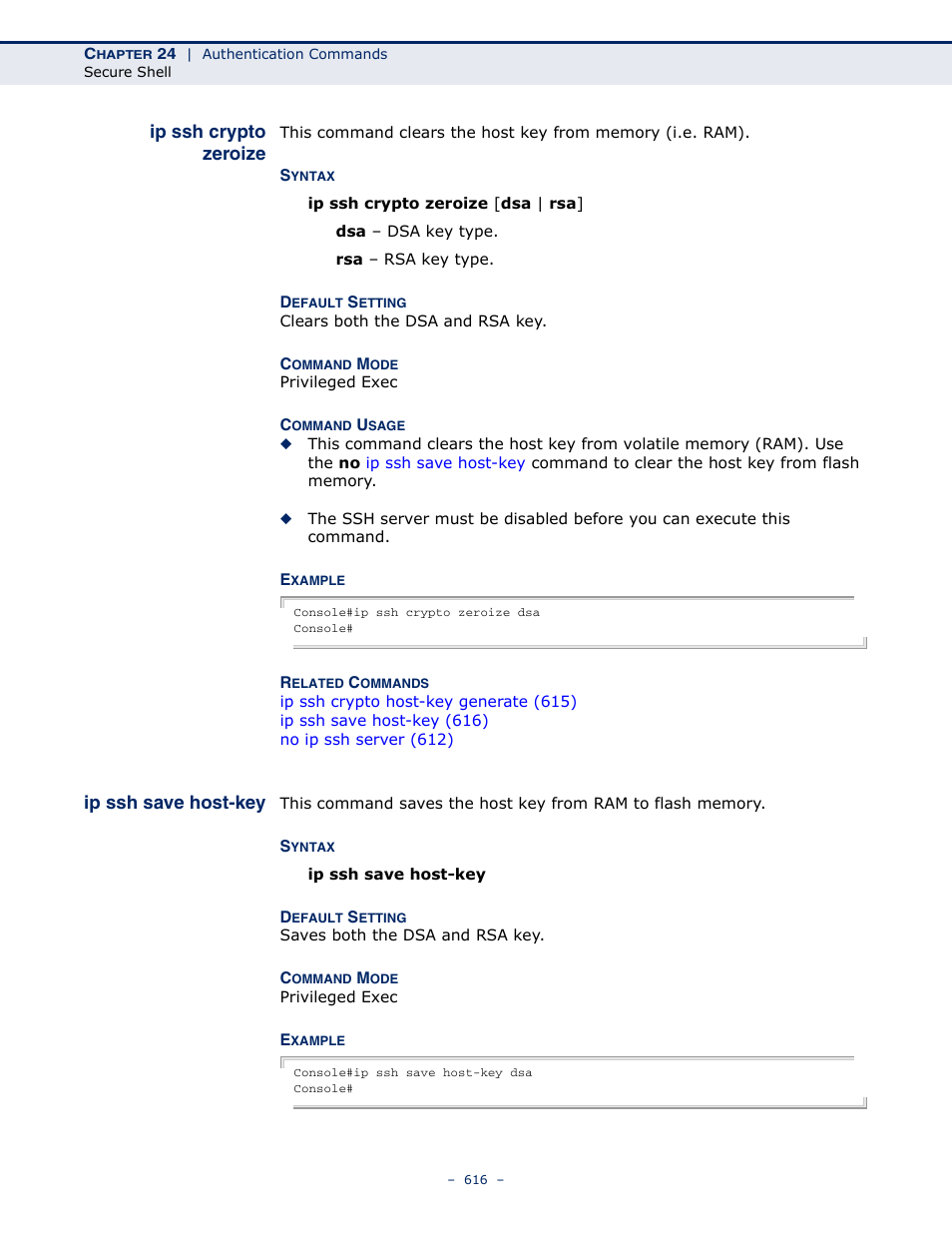 Ip ssh crypto zeroize, Ip ssh save host-key, Ip ssh crypto zeroize (616) | Ip ssh save host-key (616) | Microsens MS453490M Management Guide User Manual | Page 616 / 984