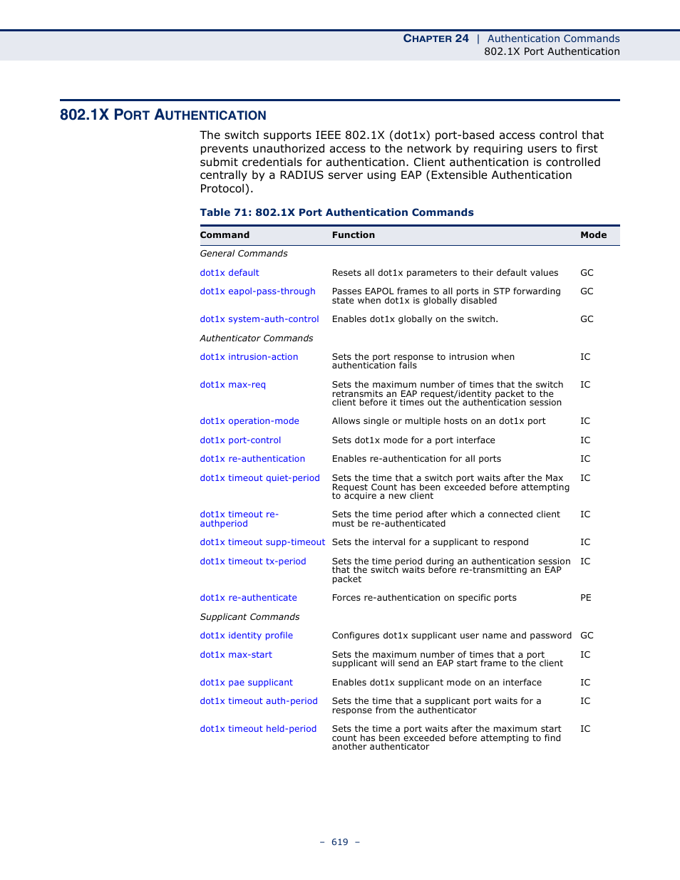 1x port authentication, Table 71: 802.1x port authentication commands, 1x port | Authentication, 1x p, Uthentication | Microsens MS453490M Management Guide User Manual | Page 619 / 984