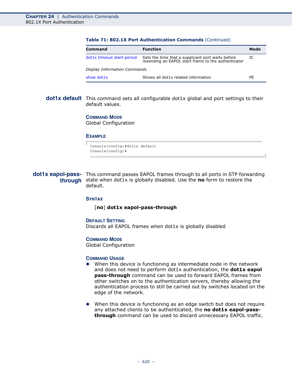 Dot1x default, Dot1x eapol-pass-through, Dot1x eapol-pass- through | Microsens MS453490M Management Guide User Manual | Page 620 / 984