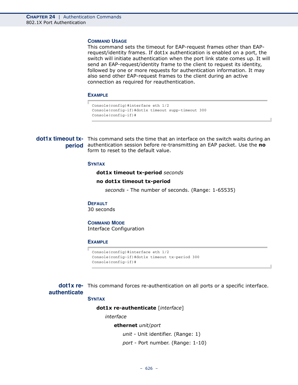 Dot1x timeout tx-period, Dot1x re-authenticate | Microsens MS453490M Management Guide User Manual | Page 626 / 984