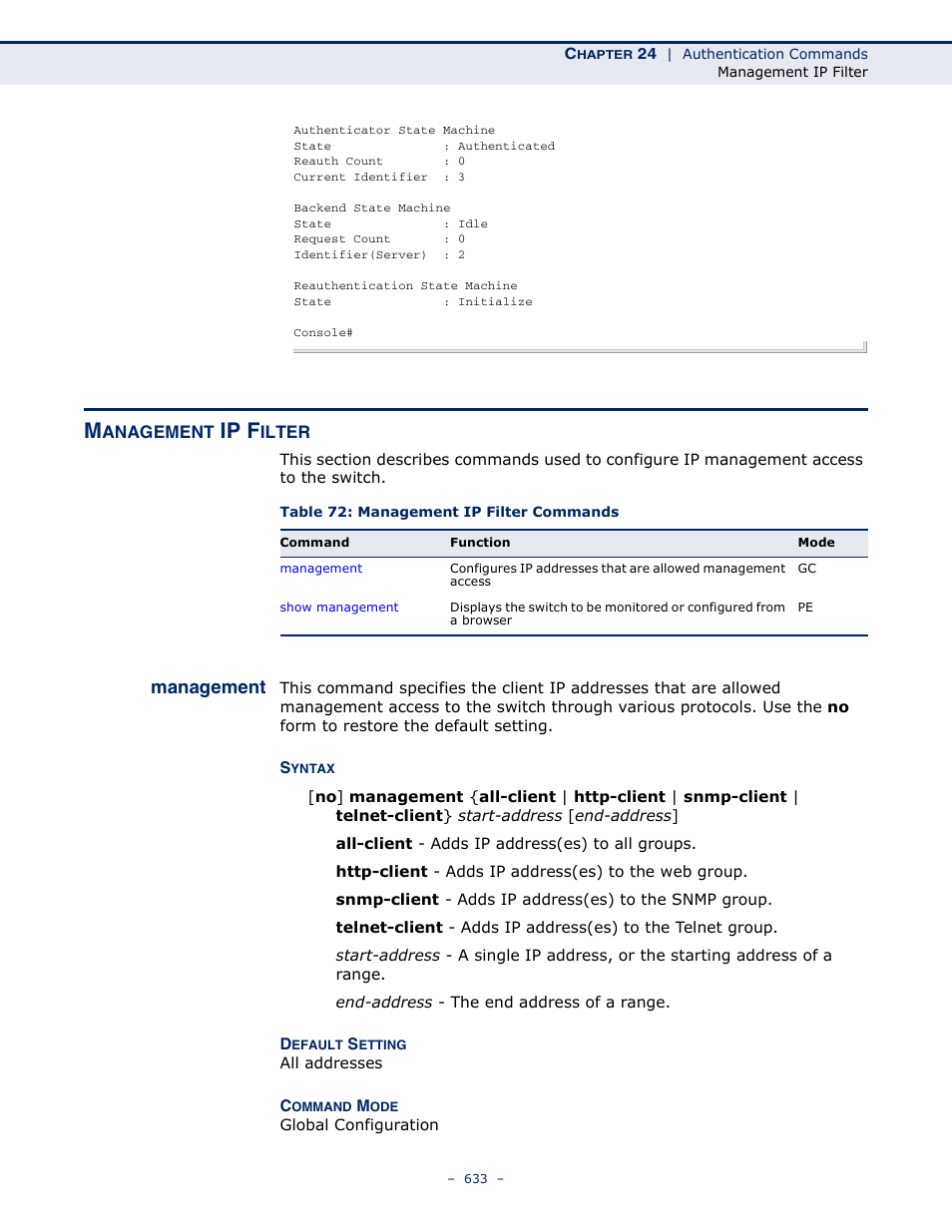 Management ip filter, Management 633, Table 72: management ip filter commands | Ip f, Management | Microsens MS453490M Management Guide User Manual | Page 633 / 984