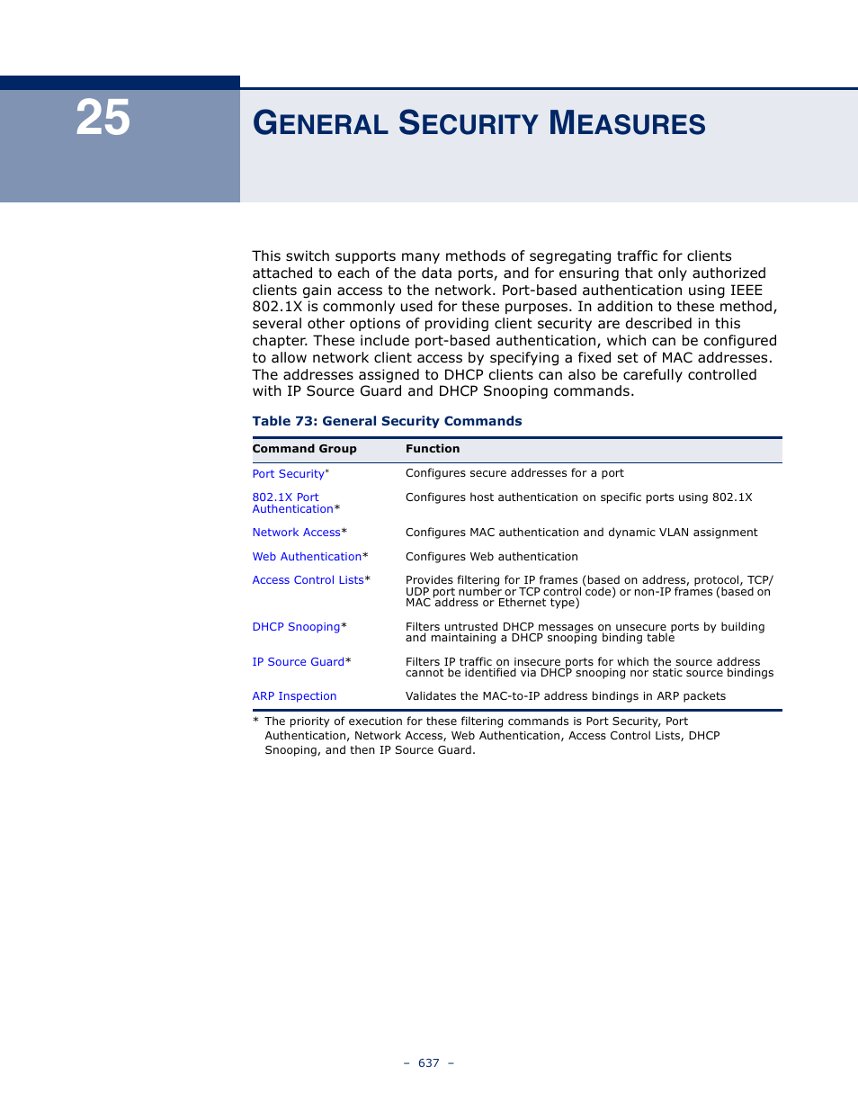 General security measures, 25 g, Eneral | Ecurity, Easures, Table 73: general security commands, General security measures" on | Microsens MS453490M Management Guide User Manual | Page 637 / 984