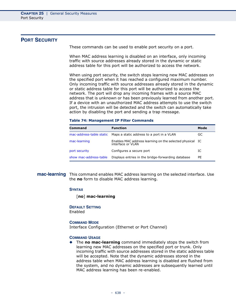 Port security, Mac-learning 638, Table 74: management ip filter commands | Mac-learning | Microsens MS453490M Management Guide User Manual | Page 638 / 984