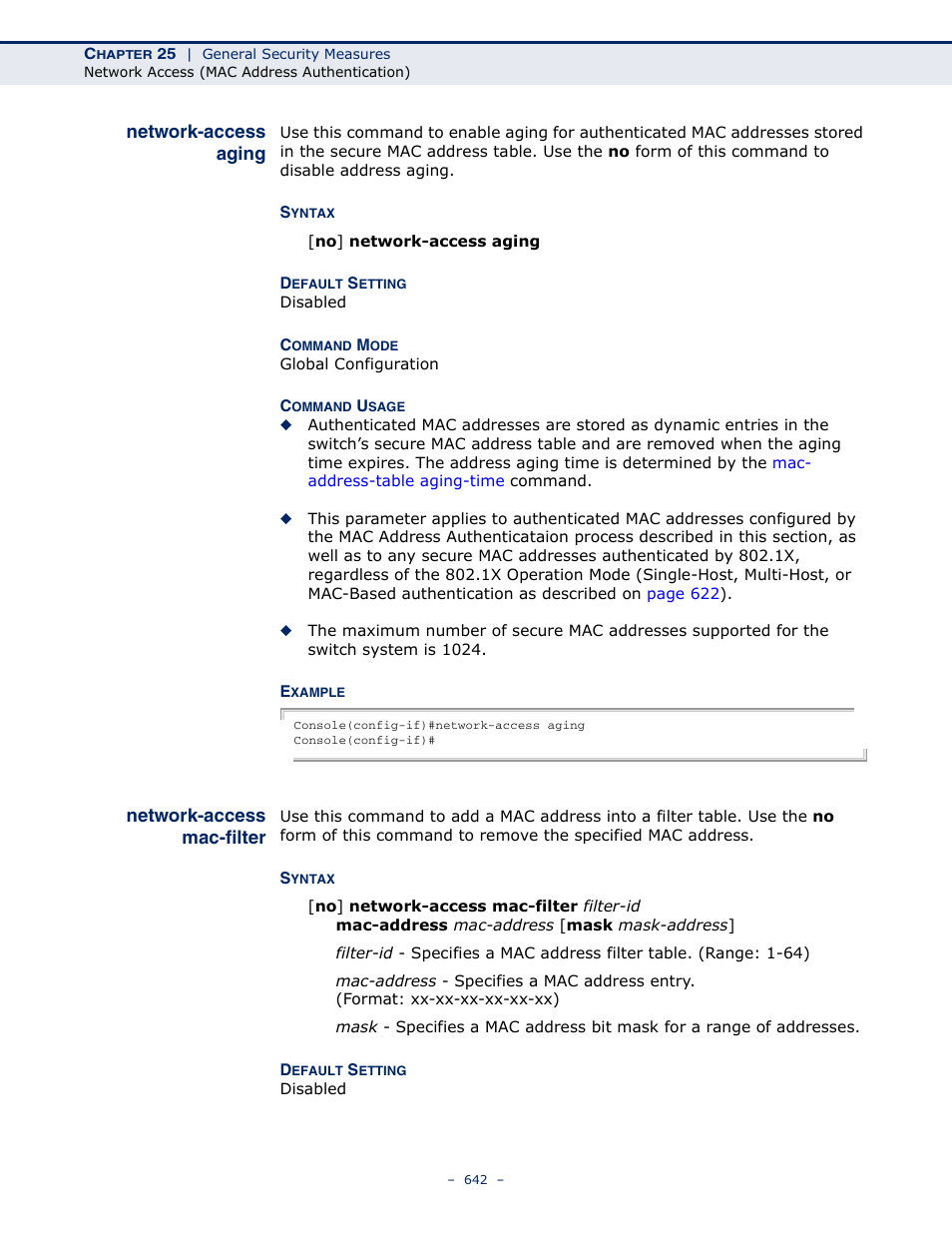 Network-access aging, Network-access mac-filter | Microsens MS453490M Management Guide User Manual | Page 642 / 984