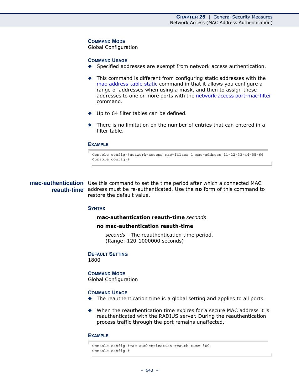 Mac-authentication reauth-time, Mac-authentication reauth, Time | Microsens MS453490M Management Guide User Manual | Page 643 / 984