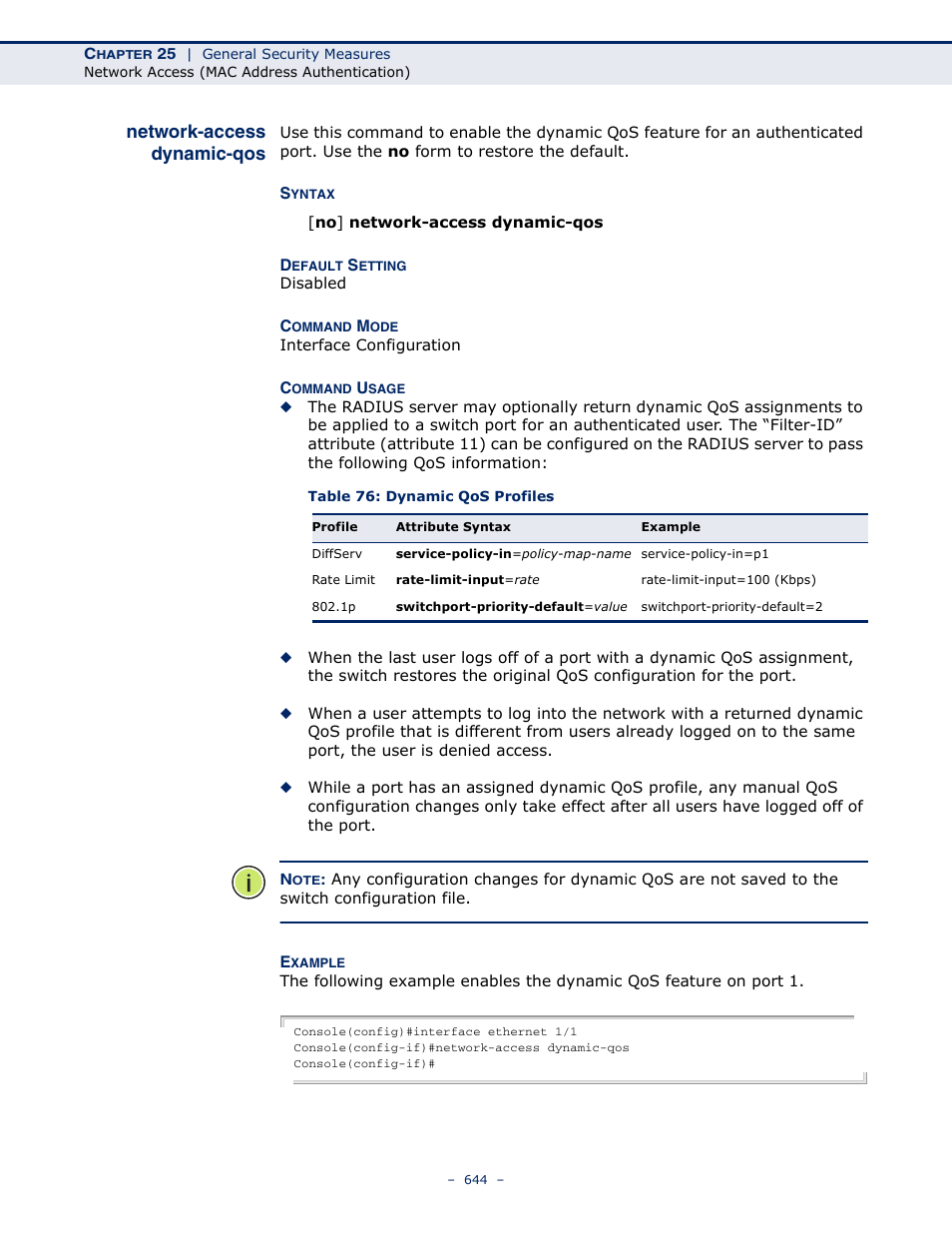 Network-access dynamic-qos, Table 76: dynamic qos profiles | Microsens MS453490M Management Guide User Manual | Page 644 / 984