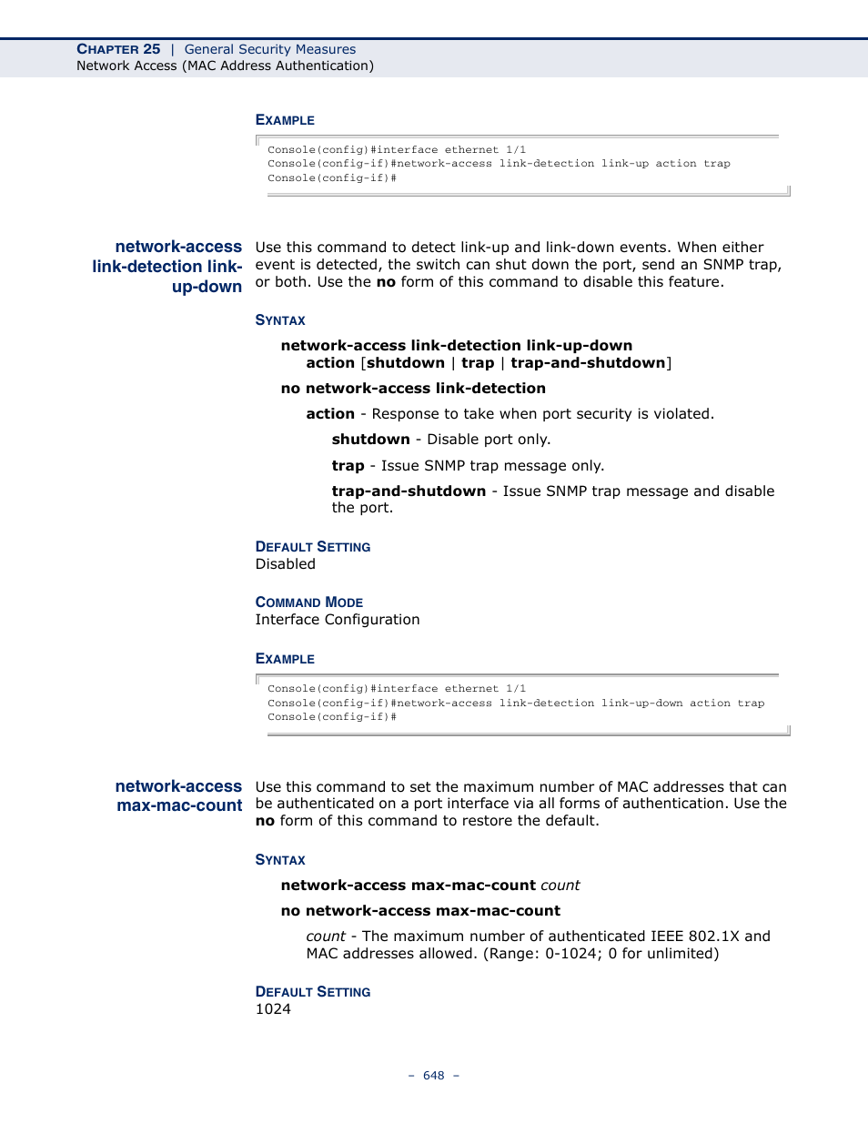 Network-access link-detection link-up-down, Network-access max-mac-count, Network-access link-detection | Link-up-down, Network-access max-mac, Count | Microsens MS453490M Management Guide User Manual | Page 648 / 984