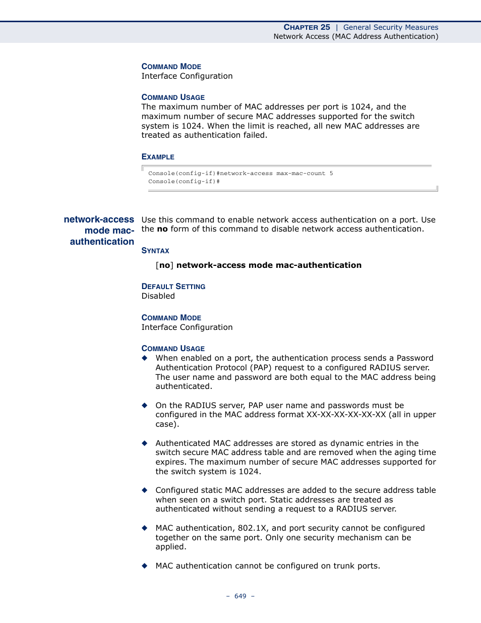 Network-access mode mac-authentication, Network-access mode mac, Authentication | Microsens MS453490M Management Guide User Manual | Page 649 / 984