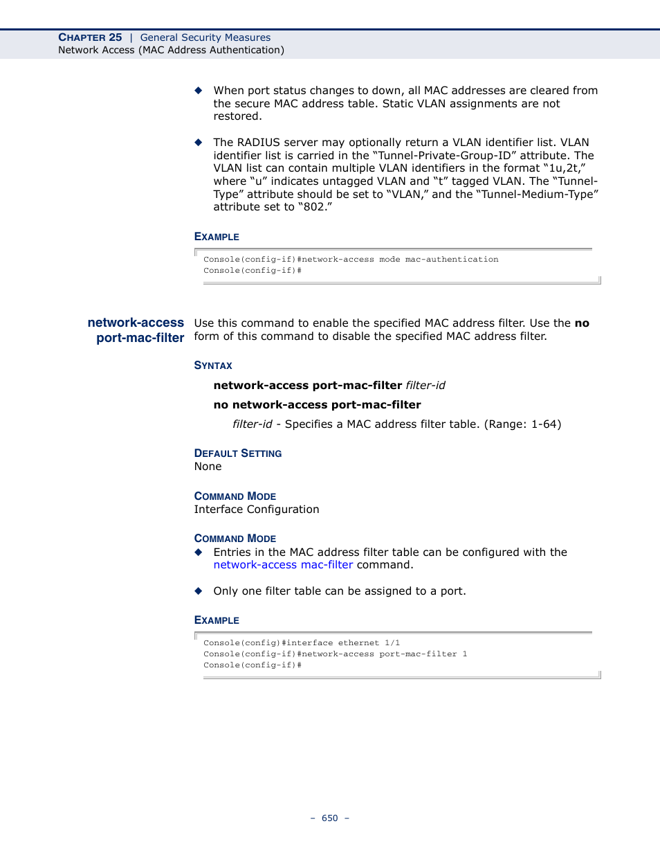 Network-access port-mac-filter, Network-access port-mac, Filter | Microsens MS453490M Management Guide User Manual | Page 650 / 984