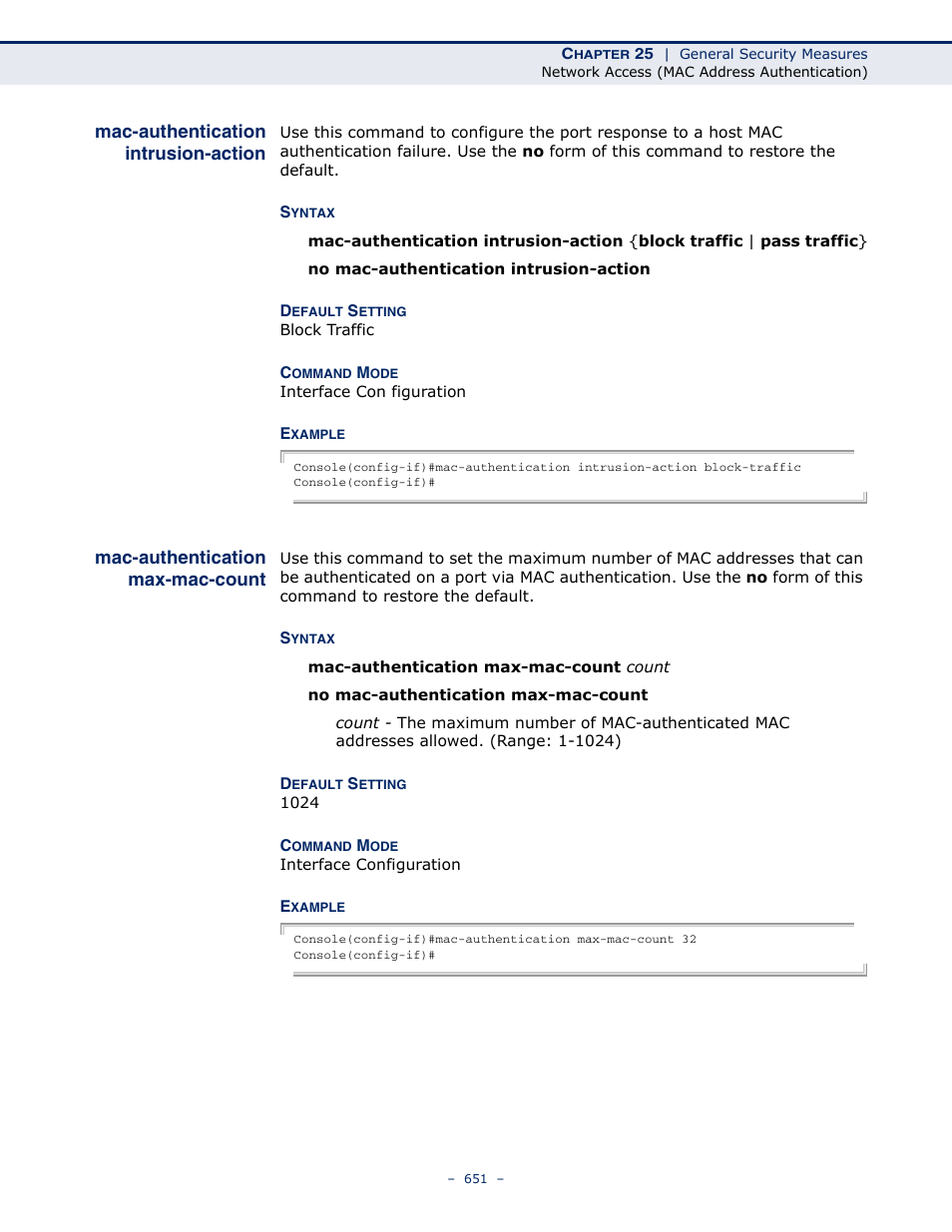 Mac-authentication intrusion-action, Mac-authentication max-mac-count, Mac-authentication intrusion | Action, Mac-authentication max, Mac-count | Microsens MS453490M Management Guide User Manual | Page 651 / 984