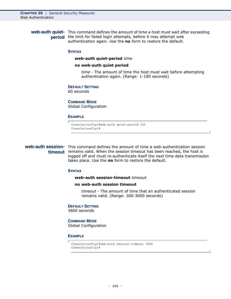 Web-auth quiet-period, Web-auth session-timeout | Microsens MS453490M Management Guide User Manual | Page 656 / 984