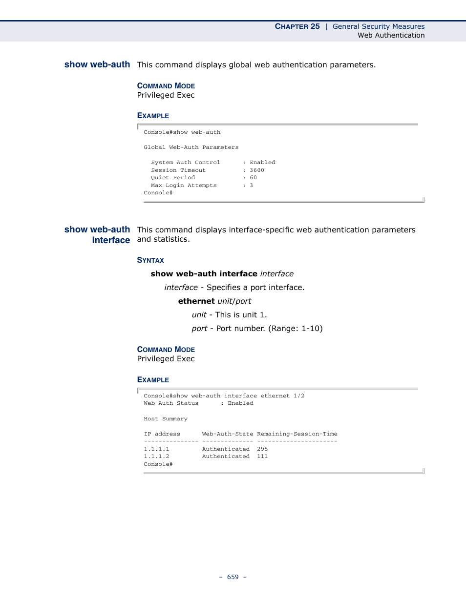 Show web-auth, Show web-auth interface | Microsens MS453490M Management Guide User Manual | Page 659 / 984