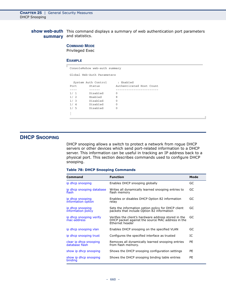 Dhcp snooping, Show web-auth summary, Table 78: dhcp snooping commands | Dhcp s, Nooping | Microsens MS453490M Management Guide User Manual | Page 660 / 984