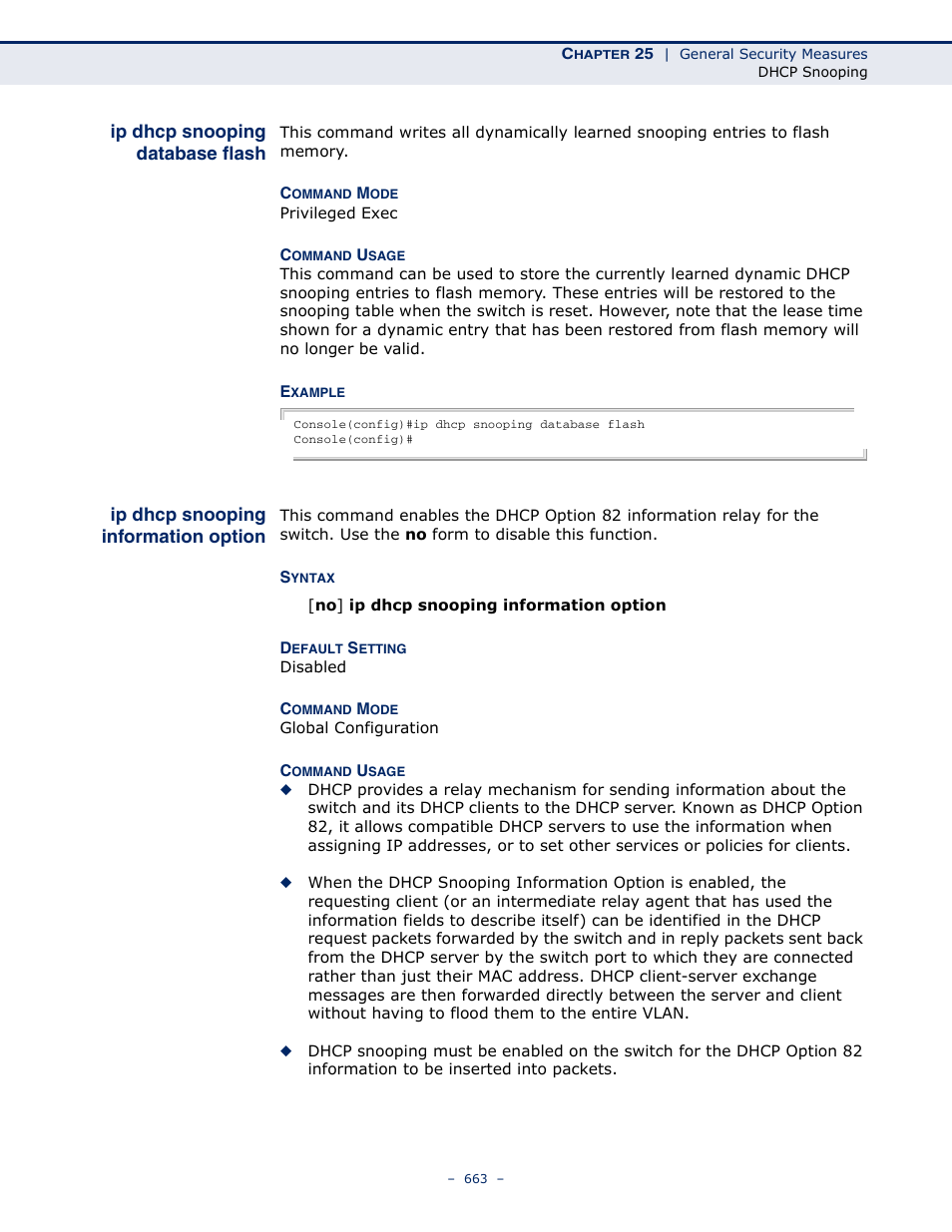 Ip dhcp snooping database flash, Ip dhcp snooping information option, Ip dhcp snooping database | Flash, Ip dhcp snooping, Information option | Microsens MS453490M Management Guide User Manual | Page 663 / 984