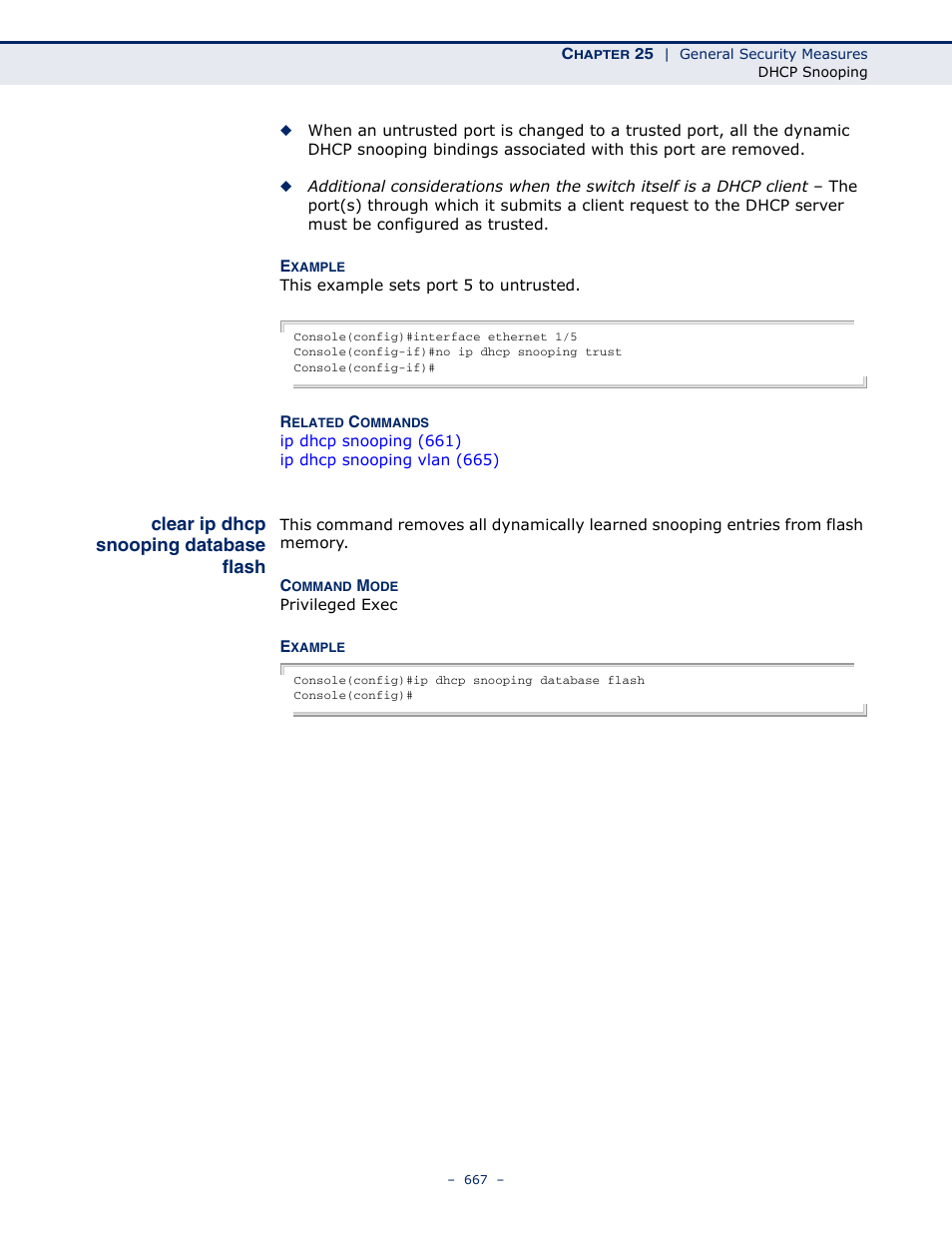 Clear ip dhcp snooping database flash, Clear ip dhcp snooping, Database flash | Microsens MS453490M Management Guide User Manual | Page 667 / 984