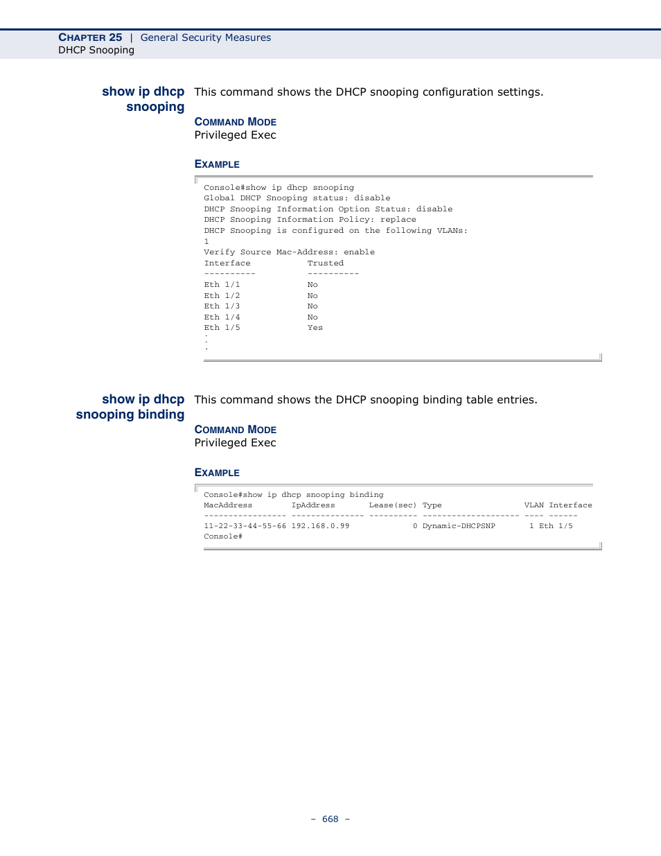 Show ip dhcp snooping, Show ip dhcp snooping binding, Binding | Microsens MS453490M Management Guide User Manual | Page 668 / 984