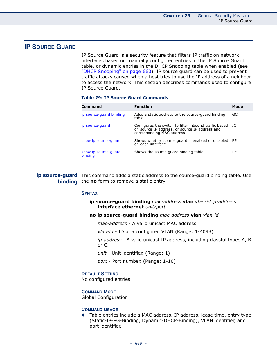 Ip source guard, Ip source-guard binding, Table 79: ip source guard commands | Ip s | Microsens MS453490M Management Guide User Manual | Page 669 / 984