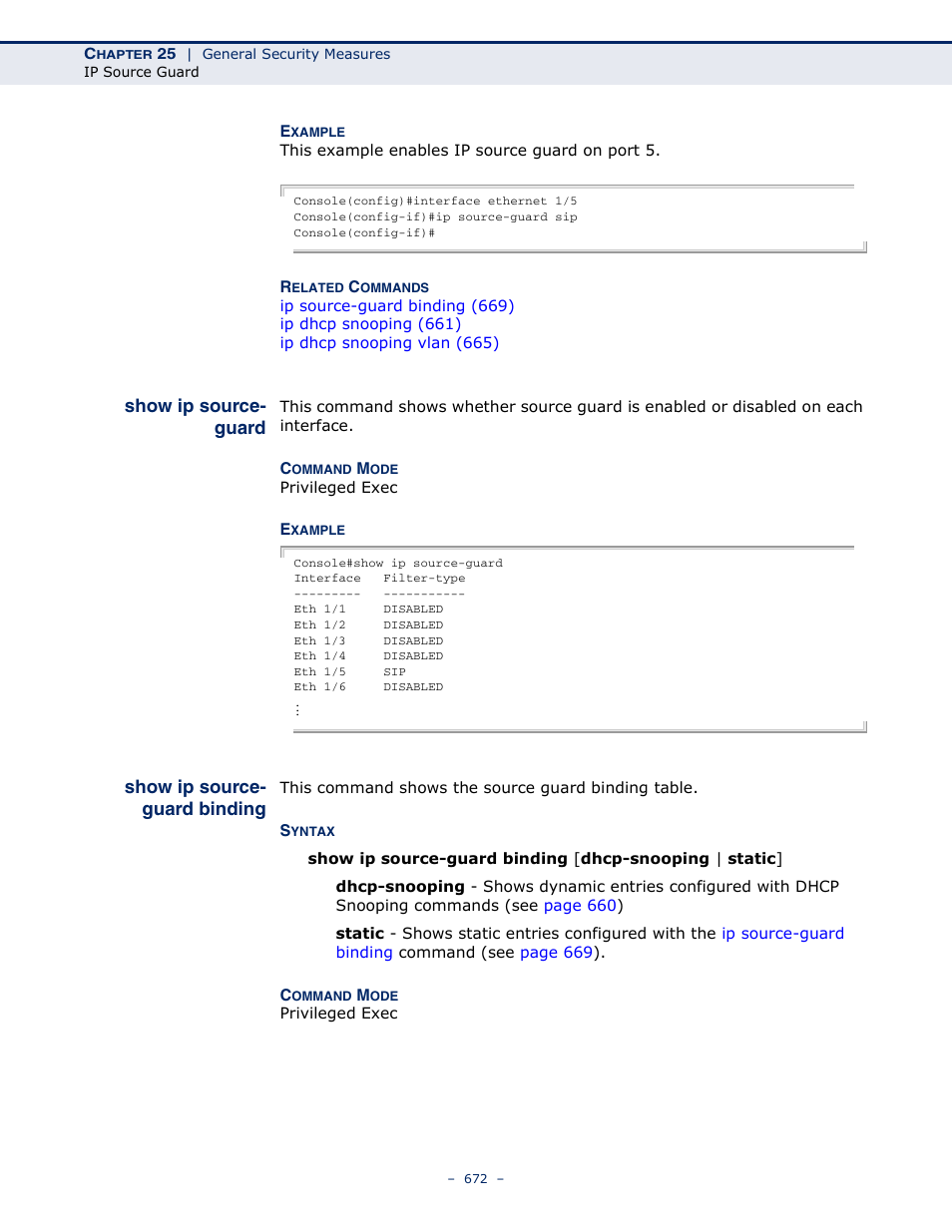 Show ip source-guard, Show ip source-guard binding, Binding | Show ip source- guard, Show ip source- guard binding | Microsens MS453490M Management Guide User Manual | Page 672 / 984