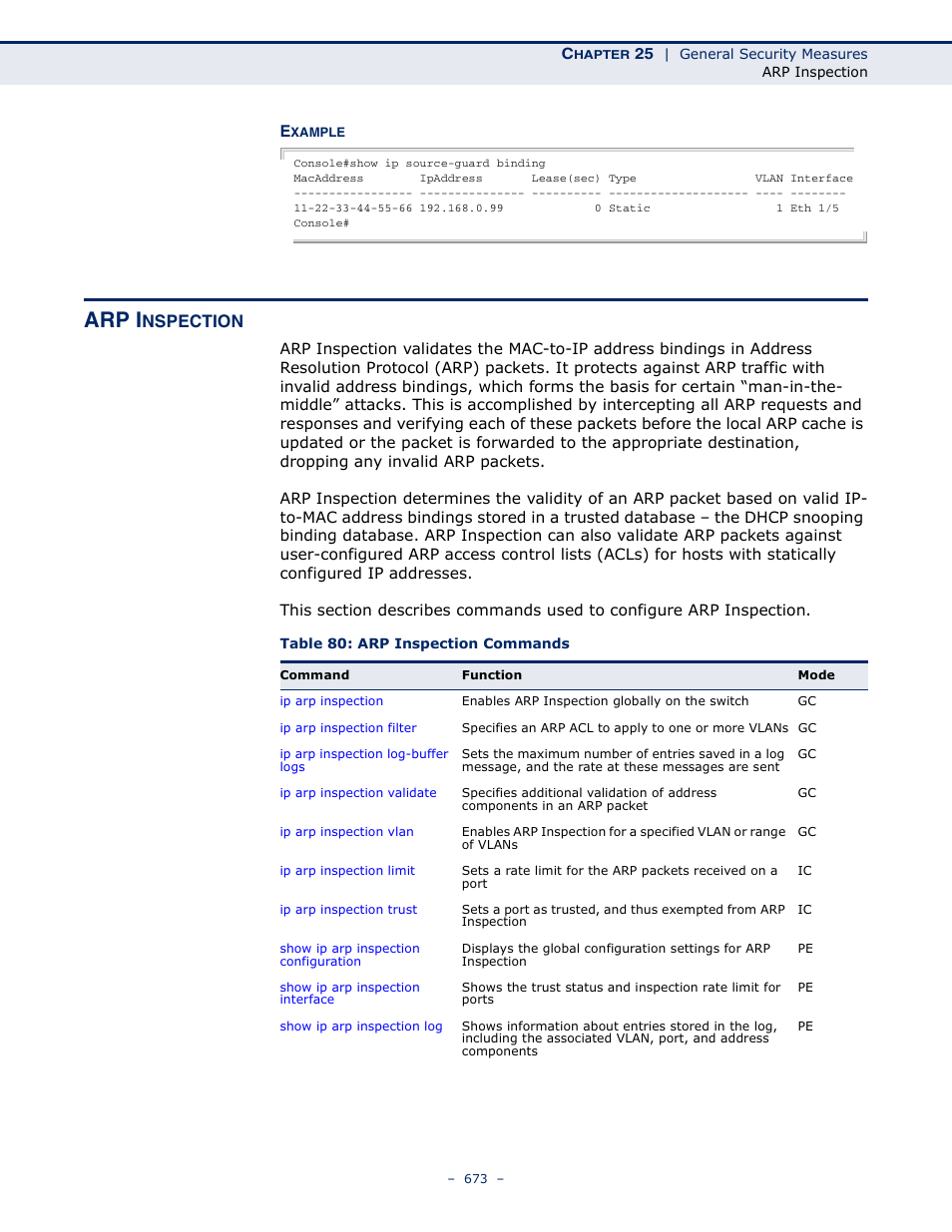 Arp inspection, Table 80: arp inspection commands, Arp i | Nspection | Microsens MS453490M Management Guide User Manual | Page 673 / 984