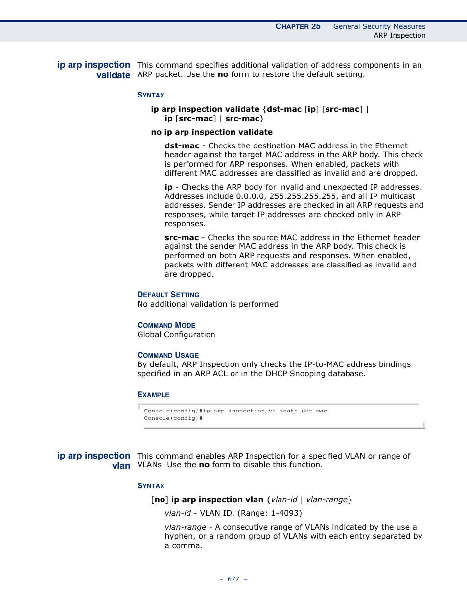 Ip arp inspection validate, Ip arp inspection vlan | Microsens MS453490M Management Guide User Manual | Page 677 / 984