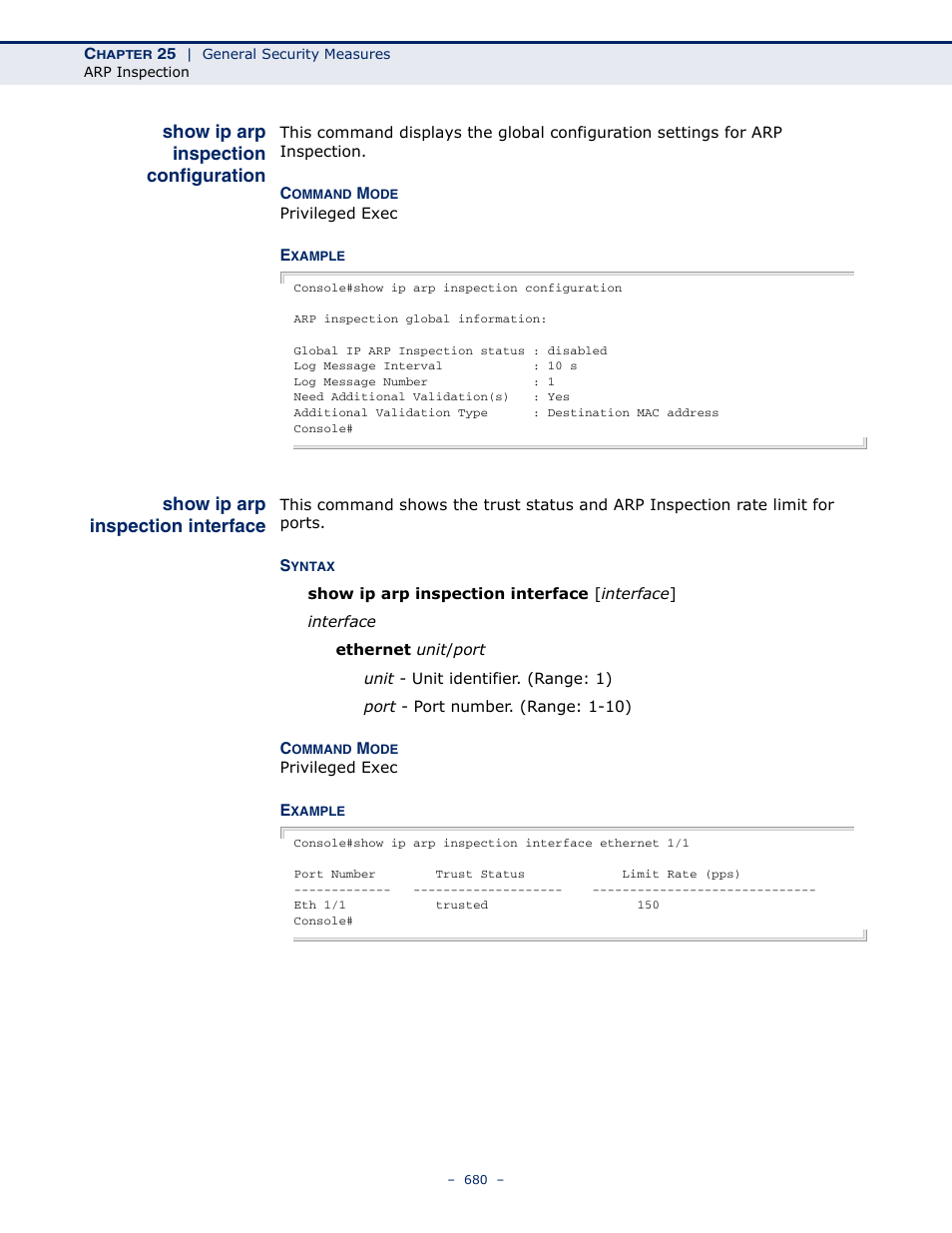 Show ip arp inspection configuration, Show ip arp inspection interface, Show ip arp inspection | Configuration, Interface | Microsens MS453490M Management Guide User Manual | Page 680 / 984