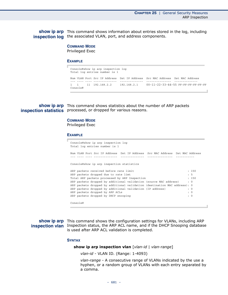 Show ip arp inspection log, Show ip arp inspection statistics, Show ip arp inspection vlan | Show ip arp inspection, Statistics | Microsens MS453490M Management Guide User Manual | Page 681 / 984