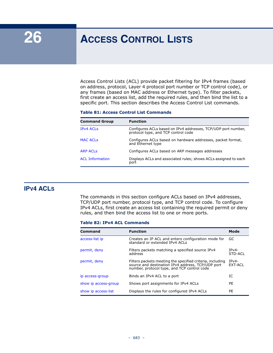 Access control lists, Ipv4 acls, 26 a | Ccess, Ontrol, Ists, Table 81: access control list commands, Table 82: ipv4 acl commands, Access control lists (683), 4 acl | Microsens MS453490M Management Guide User Manual | Page 683 / 984