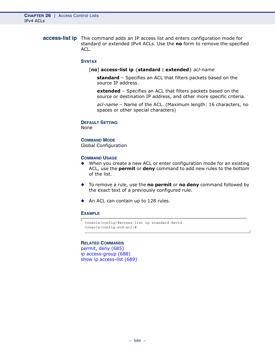 Access-list ip | Microsens MS453490M Management Guide User Manual | Page 684 / 984