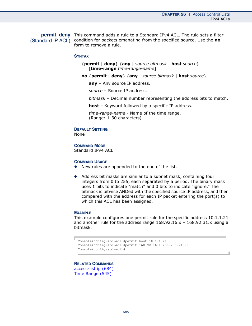 Permit, deny (standard ip acl), Permit, deny | Microsens MS453490M Management Guide User Manual | Page 685 / 984