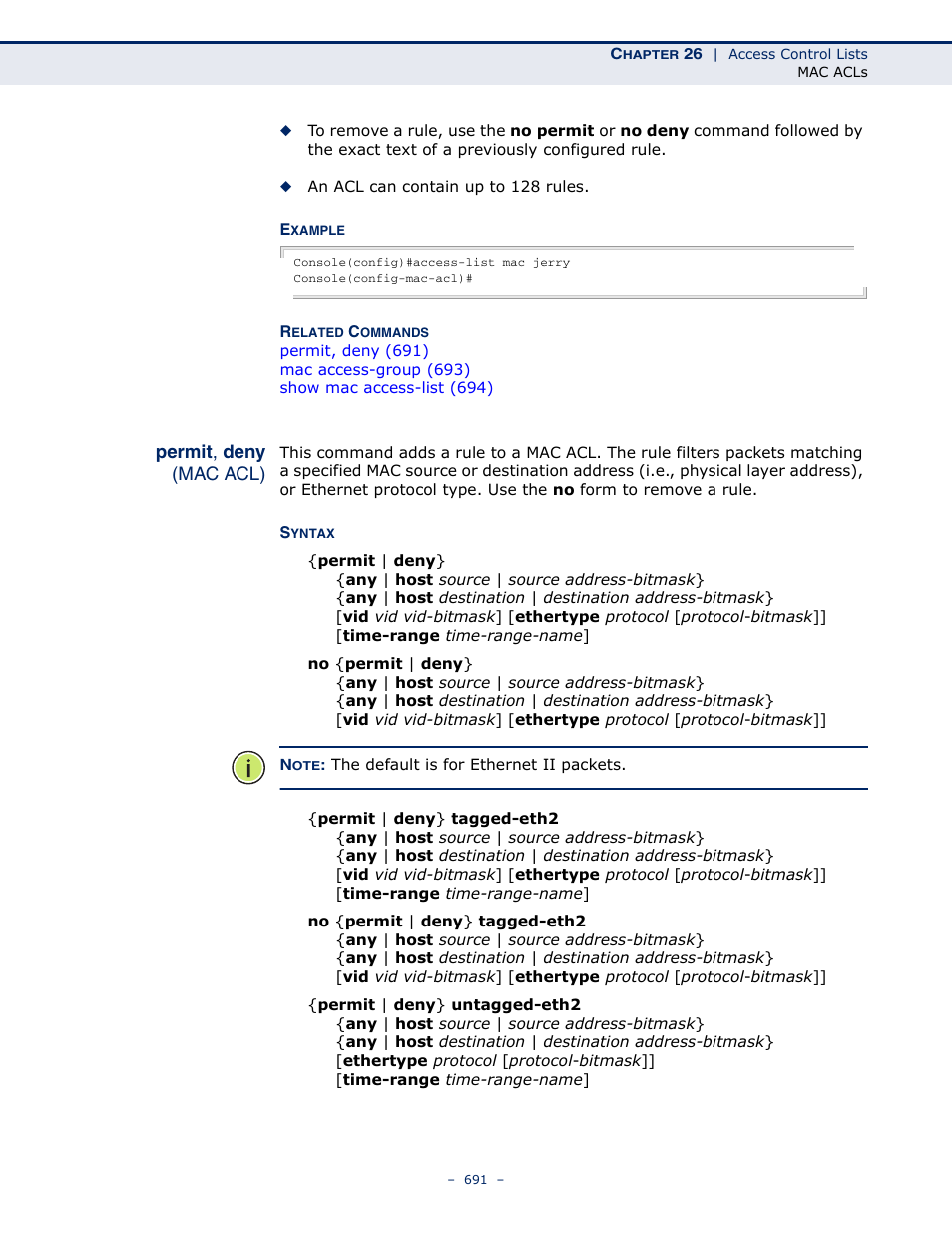 Permit, deny, Mac acl) | Microsens MS453490M Management Guide User Manual | Page 691 / 984